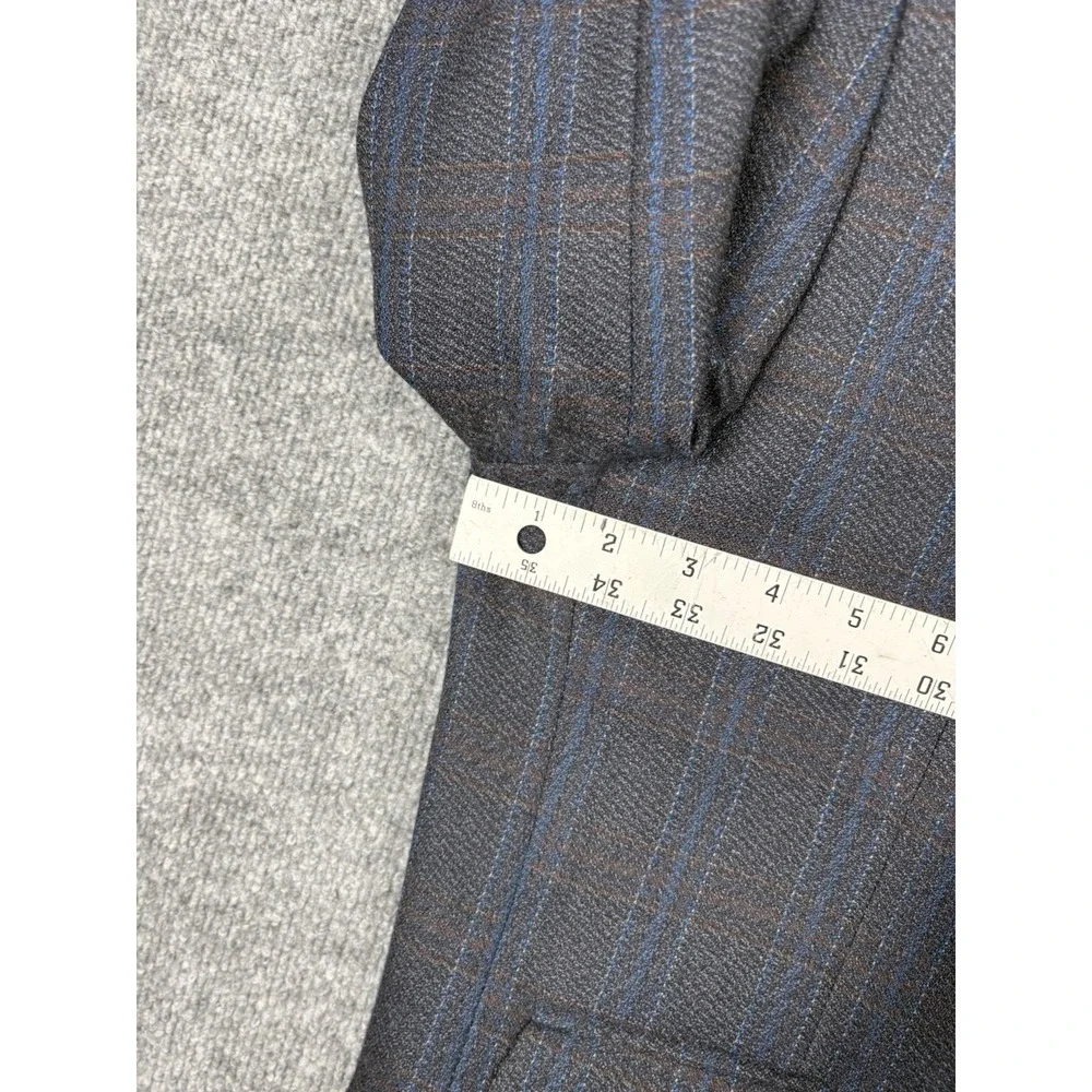 Johnston & Murphy Sport Coat Mens L Gray Blue Plaid 100% Wool Blazer Jacket